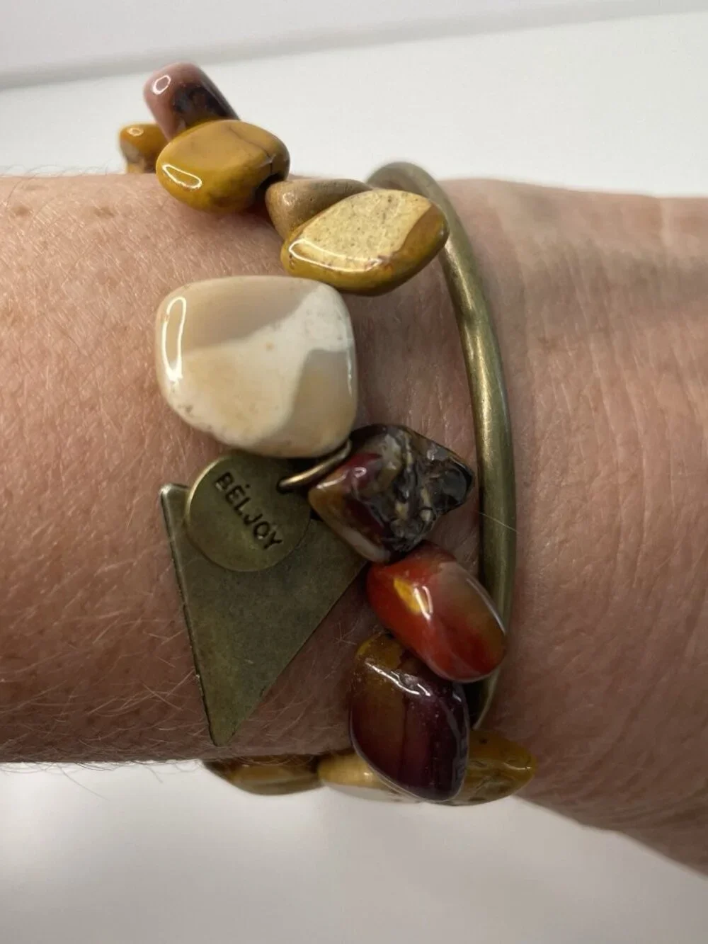 Beljoy Tumbled Stones Stretch Bracelet Handmade In Haiti With Brass Cuff Bundle